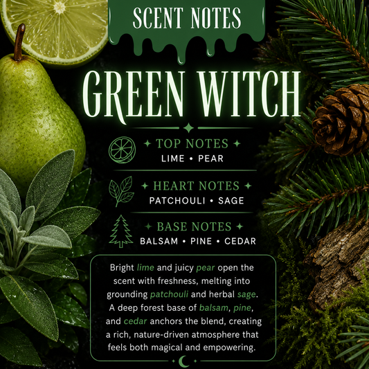 Scent notes for a fragrance labeled 'Green Witch' with greenery and fruits on a dark background.