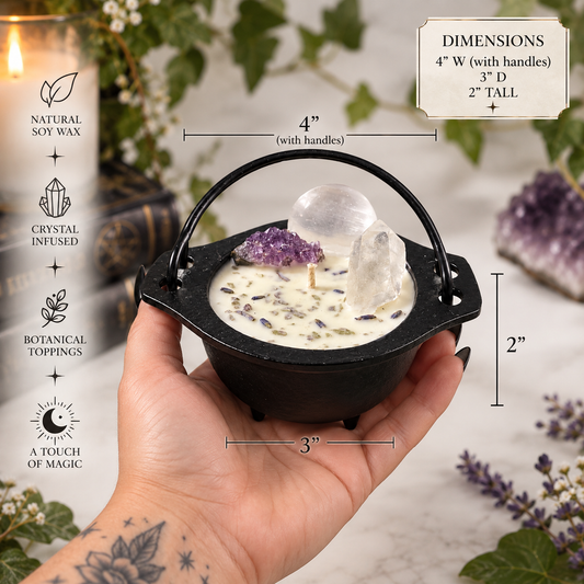 A hand holds a small black cauldron-shaped candle with crystal and lavender toppings. The image includes dimension callouts showing the candle is 4 inches wide with handles, 3 inches deep, and 2 inches tall, with text listing natural soy wax, crystal infused scent, botanical topings, and a touch of magic.