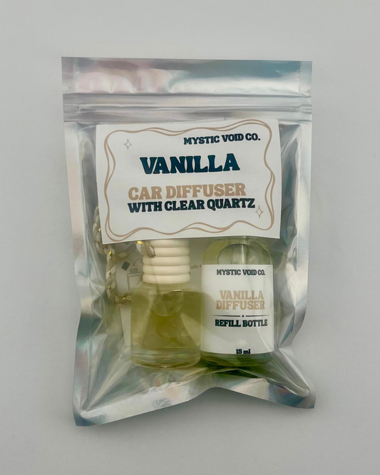 Vanilla car diffuser set with clear quartz in packaging on a gray background