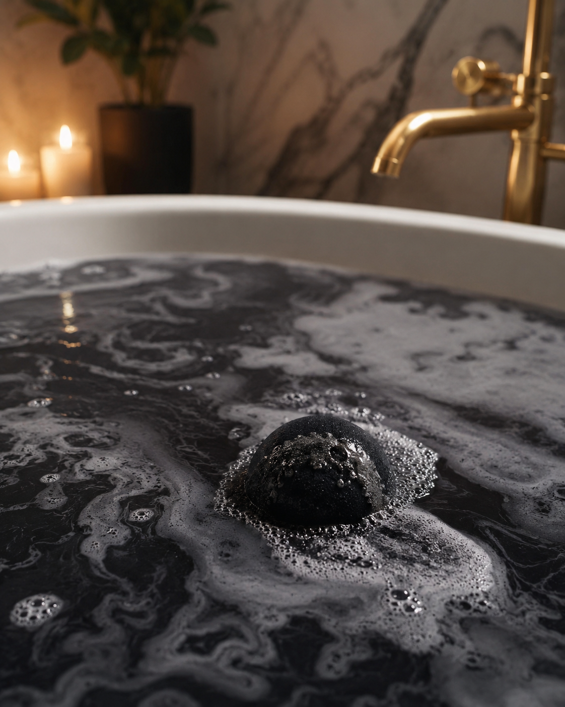 Bath tub filled with dark water and bubbles, gold faucet in a bathroom setting.