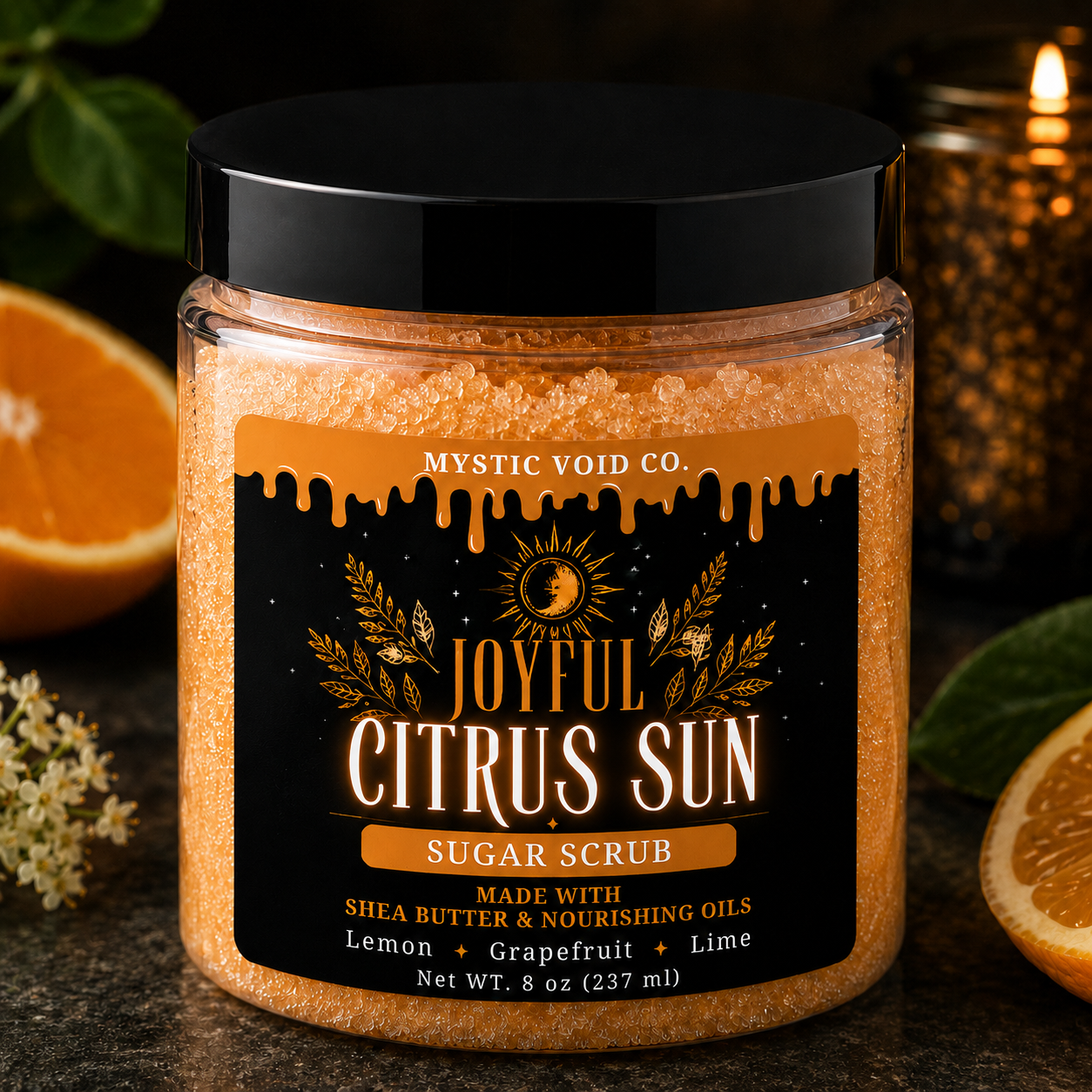 Jar of 'Joyful Citrus Sun' sugar scrub with a black lid on a dark background.