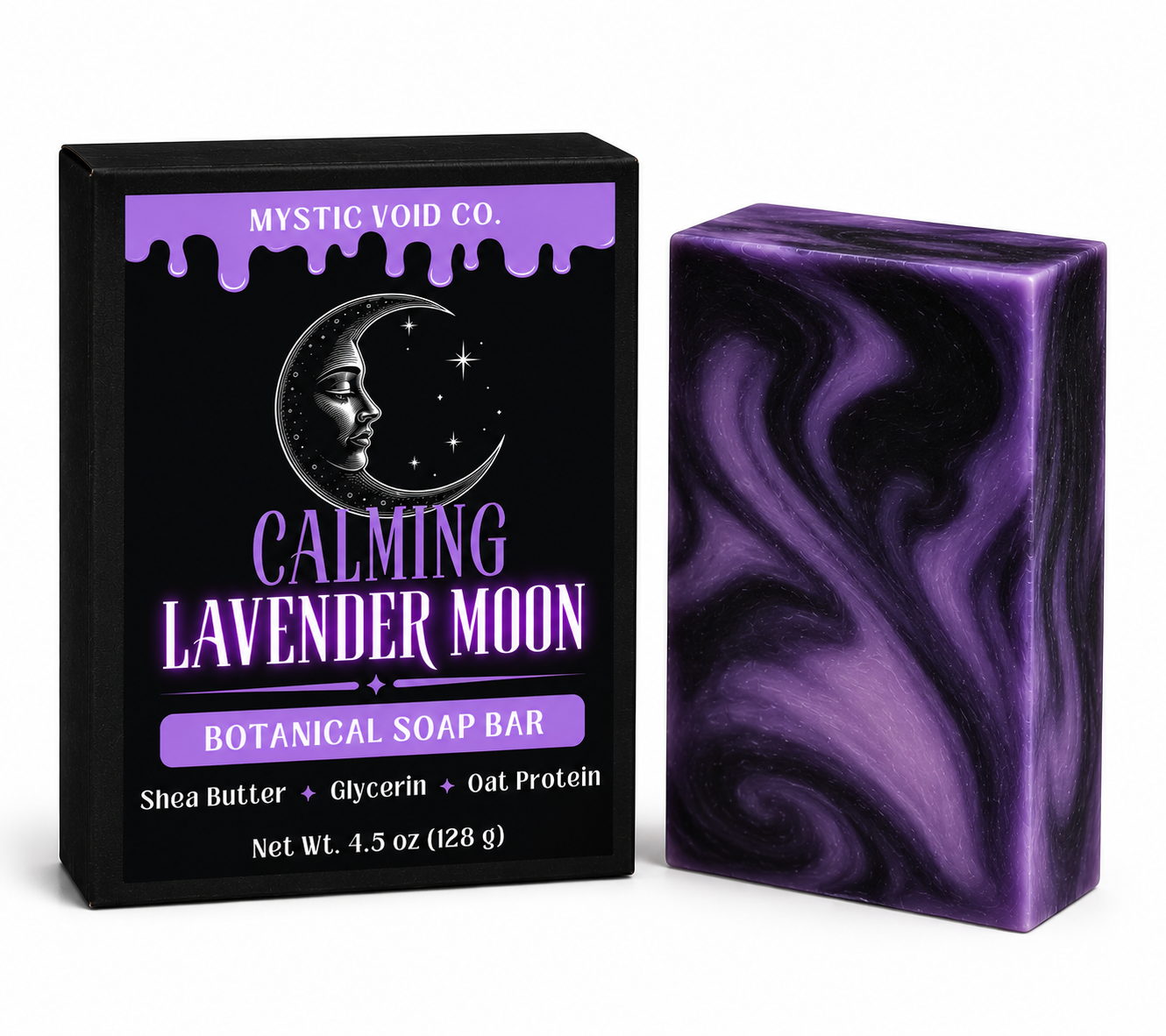 Mystic Void Co. Calming Lavender Moon botanical soap bar with packaging on a white background