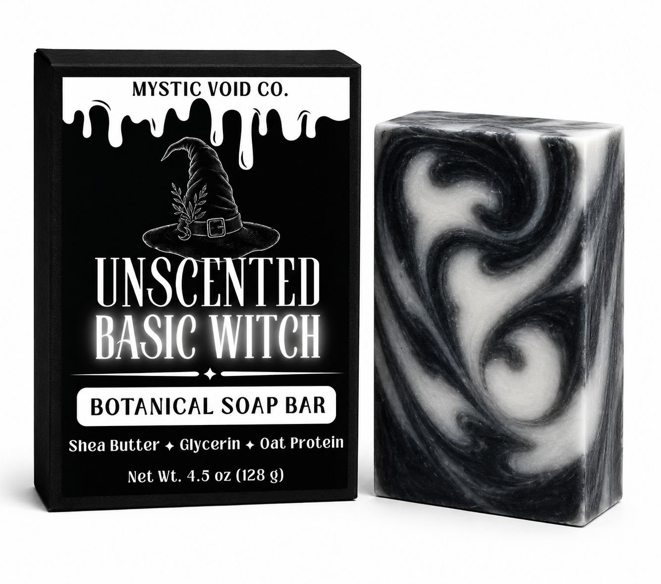 Mystic Void Co. Unscented Basic Witch botanical soap bar packaging with soap bar on a white background