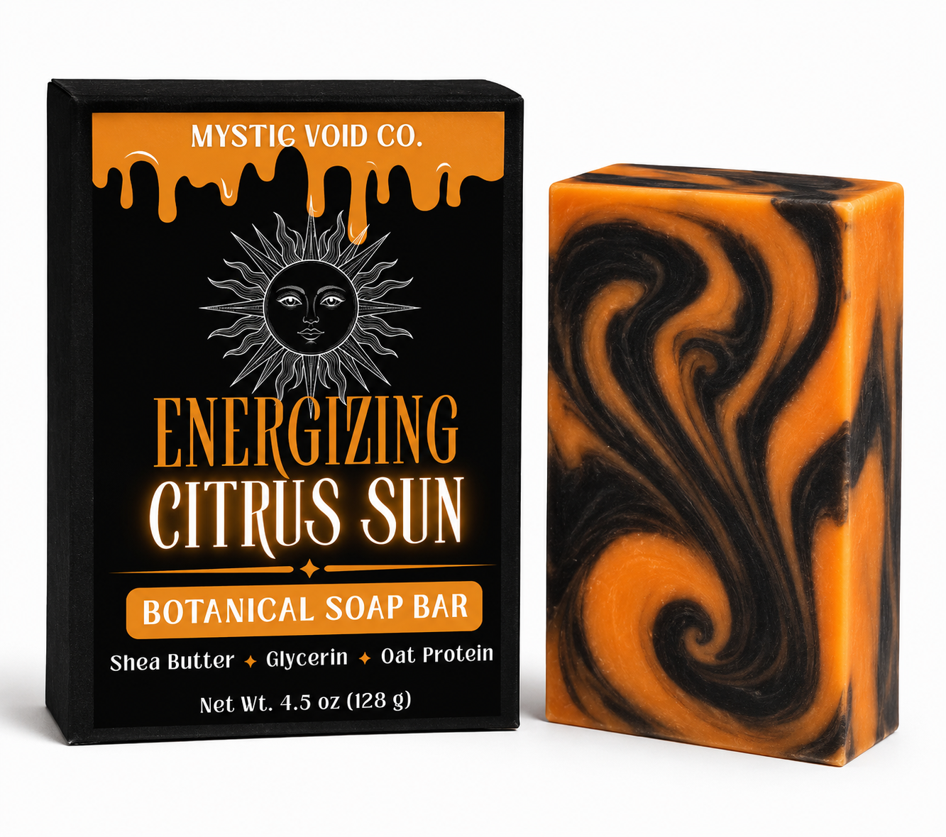 Mystic Void Co. Energizing Citrus Sun soap bar packaging with soap bar next to it on a white background
