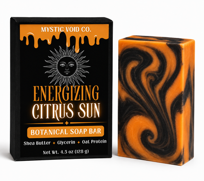 Mystic Void Co. Energizing Citrus Sun soap bar packaging with soap bar next to it on a white background