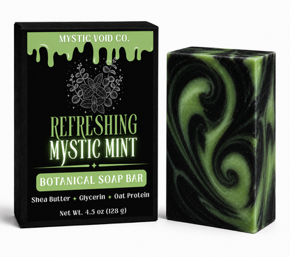 Mystic Void Co. Refreshing Mystic Mint botanical soap bar with packaging on a white background
