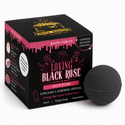 Black rose bath bomb with packaging featuring 'Mystic Void Co.' branding.