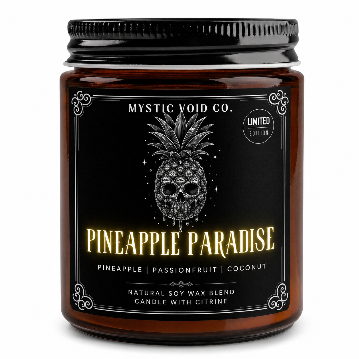 amber candle jar front label focused
