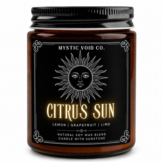 amber candle jar front label focused