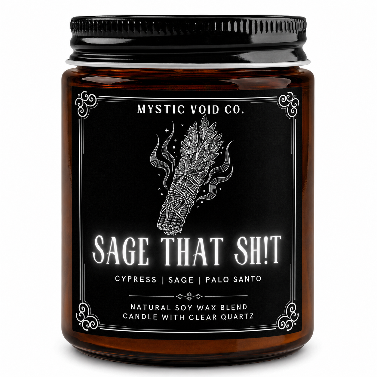 amber candle jar front label focused