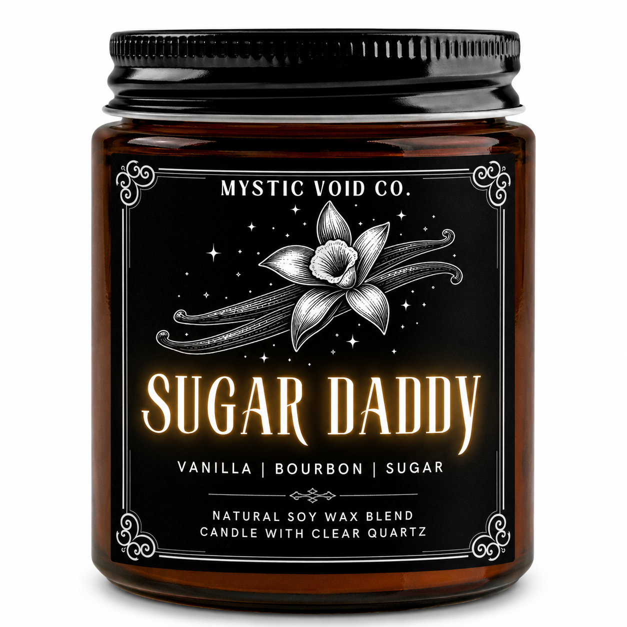 amber candle jar front label focused