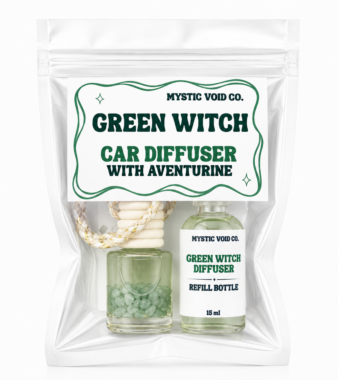 Green Witch car diffuser set with packaging labeled 'Mystic Void Co.' on a white background.