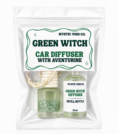 Green Witch car diffuser set with packaging labeled 'Mystic Void Co.' on a white background.