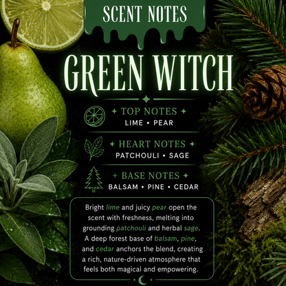 Scent notes for a fragrance labeled 'Green Witch' with greenery and fruits on a dark background.