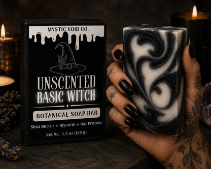 Mystic Void Co. Unscented Basic Witch botanical soap bar with black and white swirl pattern held by a hand.