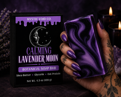 Purple soap bar with packaging labeled 'Mystic Void Co. Calming Lavender Moon' held by a hand.