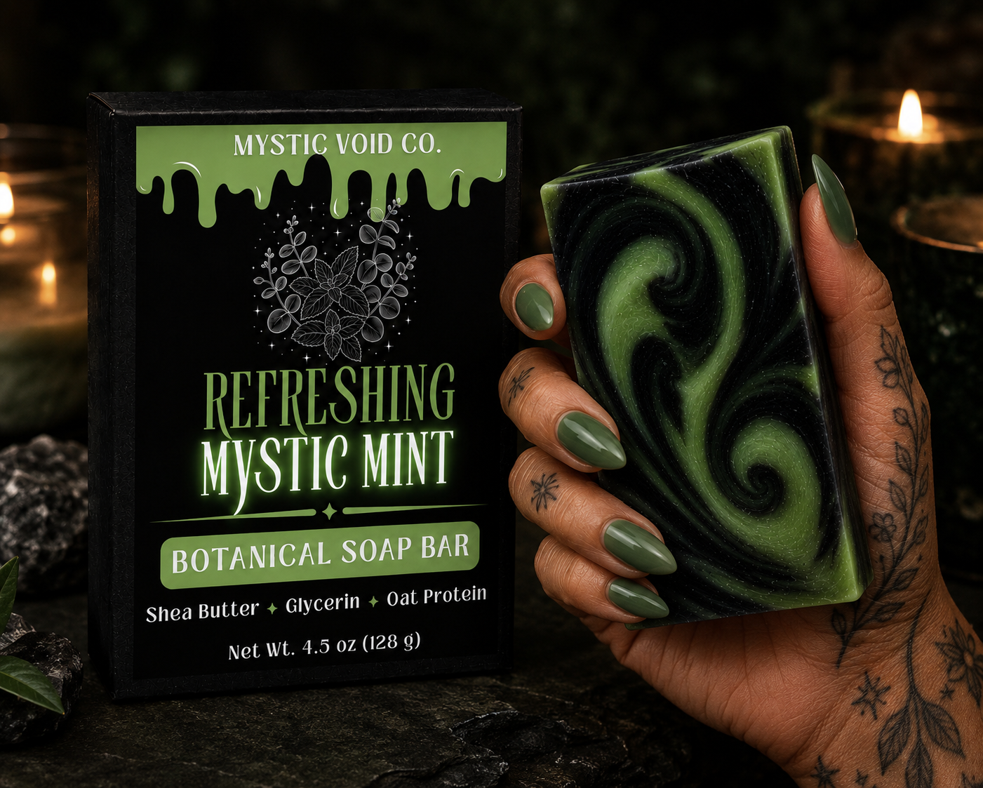 Mystic Void Co. Refreshing Mystic Mint botanical soap bar with packaging held by a hand.