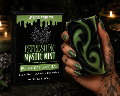 Mystic Void Co. Refreshing Mystic Mint botanical soap bar with packaging held by a hand.