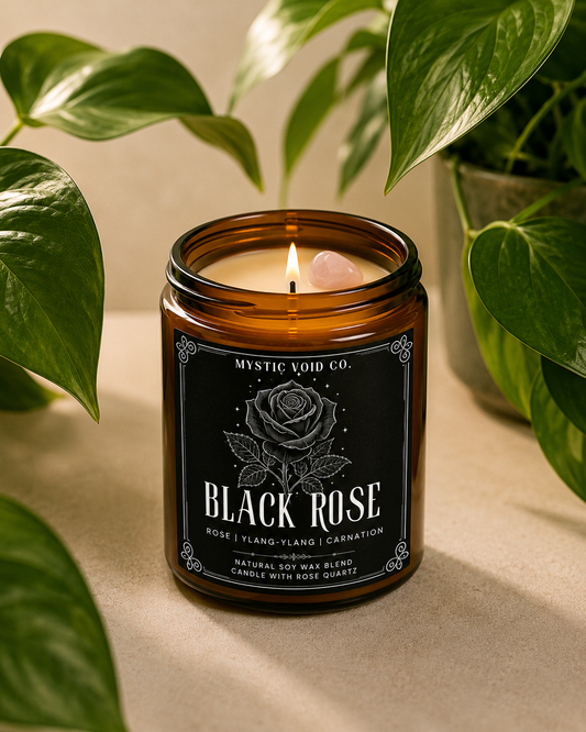 Mystic Void Co. Black Rose candle in an amber jar with plants in the background