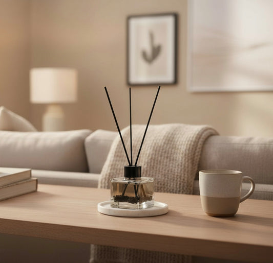 A diffuser with sticks on a table in a living room setting.