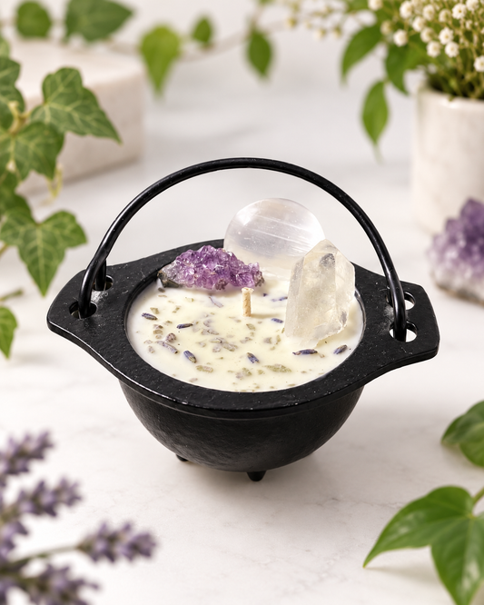 A black cauldron-shaped candle with a handle, filled with creamy wax and topped with lavender buds, a purple crystal cluster, and clear stones, styled on a light surface with green leaves and flowers in the background.