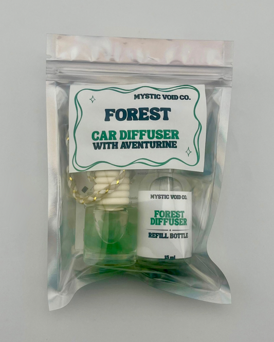 Car diffuser set with refill bottle and packaging labeled 'Forest' by Mystic Void Co on a gray background.