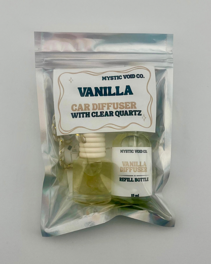 Vanilla car diffuser set with clear quartz in packaging on a gray background
